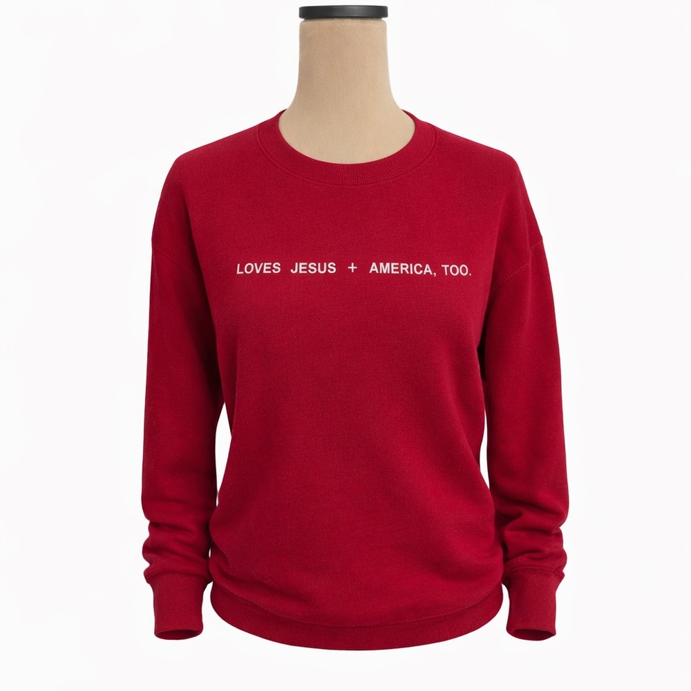 Women's Red Sweatshirt - Loves Jesus + America, Too